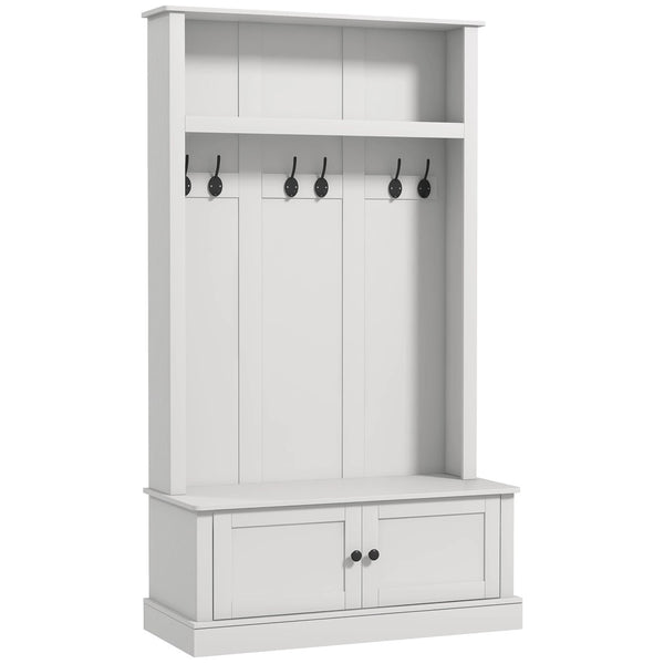 English Elm White Entryway Hall Tree with Cabinet Hooks Bench and Shelf for Mudroom Storage T3971S00061