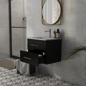 English Elm 24-Inch Wall-Mounted Bathroom Vanity With Ceramic Sink, Gold Handles & Double Drawers For Small Spaces W3151S00036