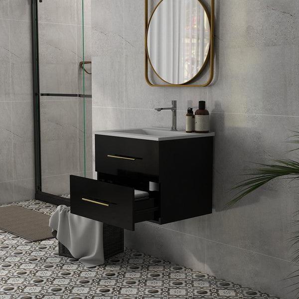 English Elm 24-Inch Wall-Mounted Bathroom Vanity With Ceramic Sink, Gold Handles & Double Drawers For Small Spaces W3151S00036