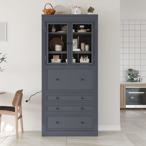 English Elm Topmax Shaker Pantry Cabinet with Drawers Power Outlet and Glass Doors SP000094AAE
