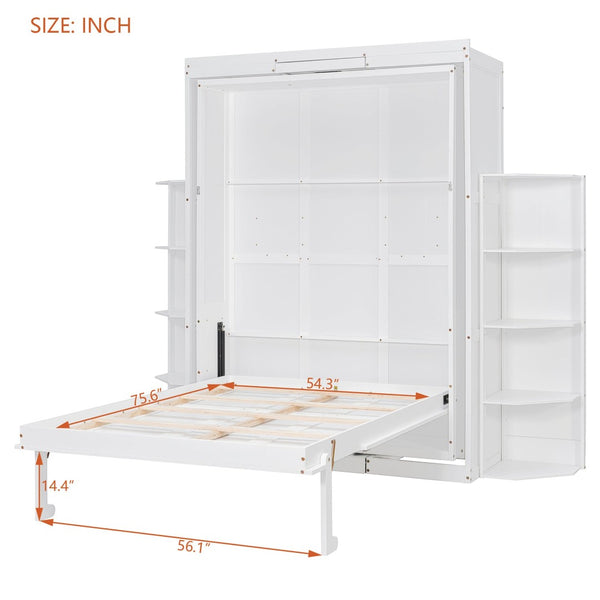 English Elm Rotating Murphy Wall Bed with Convertible Desk Dual Side Shelves Full Size Mdf Cabinet White LP000961AAK