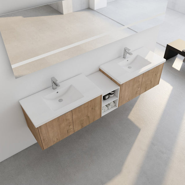 English Elm 84 Inch Wall Mounted Vanity with Dual Resin Sinks, Soft Close Doors, Metal Handles, Ample Storage Space Imitative Oak W999S00190