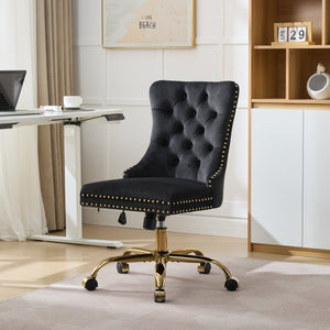 English Elm A&A Velvet Tufted Office Chair with Hand-Pulled Buttons, Nailhead Trim & Golden Metal Base, Luxe Comfort Black W1143P292465