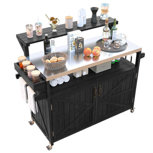 English Elm K&K 53.3" Outdoor Kitchen Island with 1.2" Stainless Top, Spacious Storage, Raised Shelf, Wheels Black N707P250628B