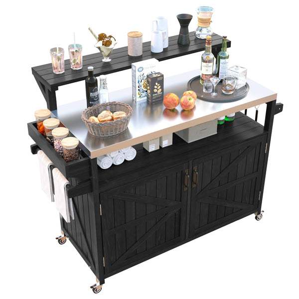 English Elm K&K 53.3" Outdoor Kitchen Island with 1.2" Stainless Top, Spacious Storage, Raised Shelf, Wheels Black N707P250628B