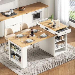 English Elm K&K Modern Extendable 59.5" Kitchen Island with Double-Sided Storage, Power Outlet & Casters White N707S000017W