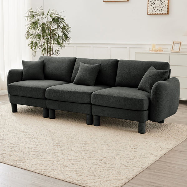 English Elm Boucle 3-Seater Sofa With Shell-Shaped Armrests & Cylindrical Legs - Dark Grey Modern Elegance W3041S00300