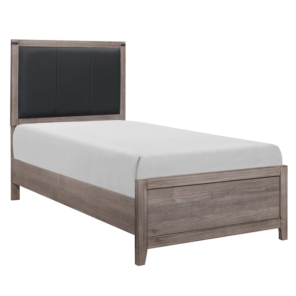 English Elm Brownish Twin Panel Bed with Faux Leather Headboard, Industrial Rivet Accents and Weathered Wood Look Brown+Gray 44.75 L x 34 W x 5.5 H B011S01348