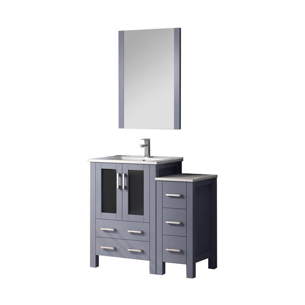 English Elm Dark Grey Bath Vanity Set With Mirror, Faucet, Side Cabinet & White Ceramic Top For Space-Saving Style B2731S01361