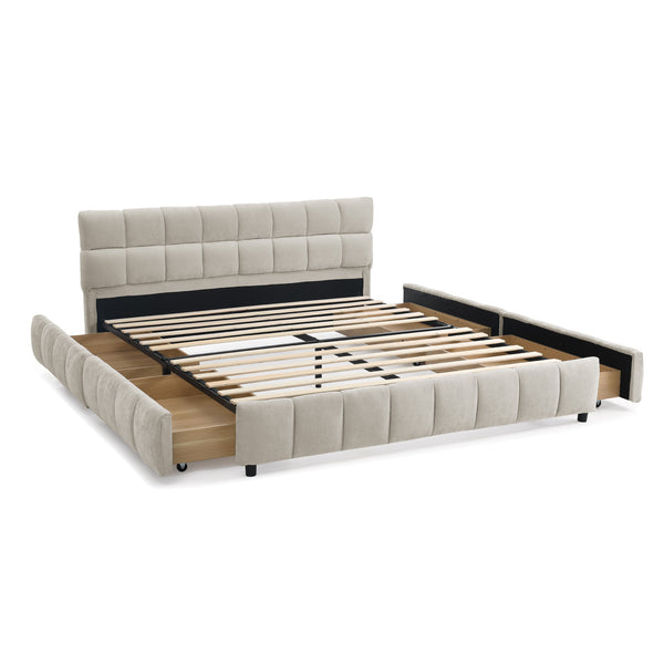 English Elm Queen Chenille Upholstered Platform Bed with Storage Drawers and Padded Headboard Beige W487P235287