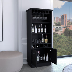 English Elm Dundee 70-Inch High Bar Cabinet with 10 Glass Doors, 5 Cubbies, 3 Shelves for Wine & Decor Black 69 L x 24 W x 4 H B070S00321