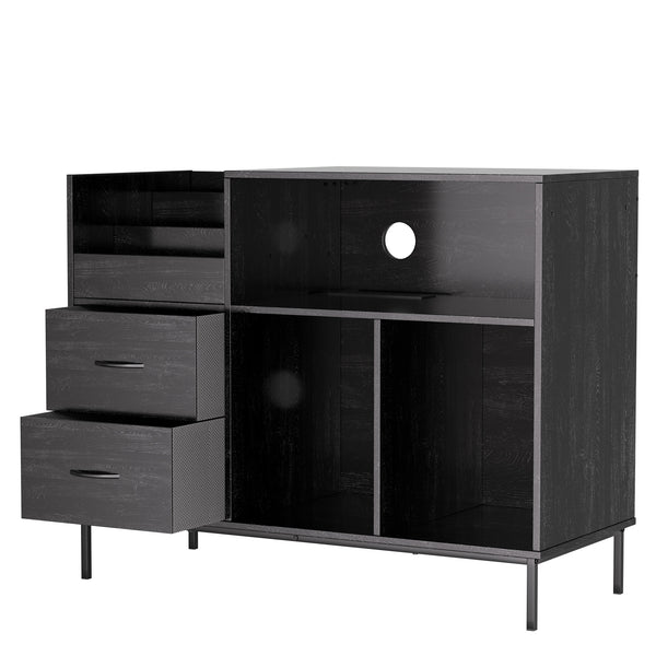English Elm Record Player Stand with Vinyl Storage Mid-century Wood Console for Living Room T2398P438827