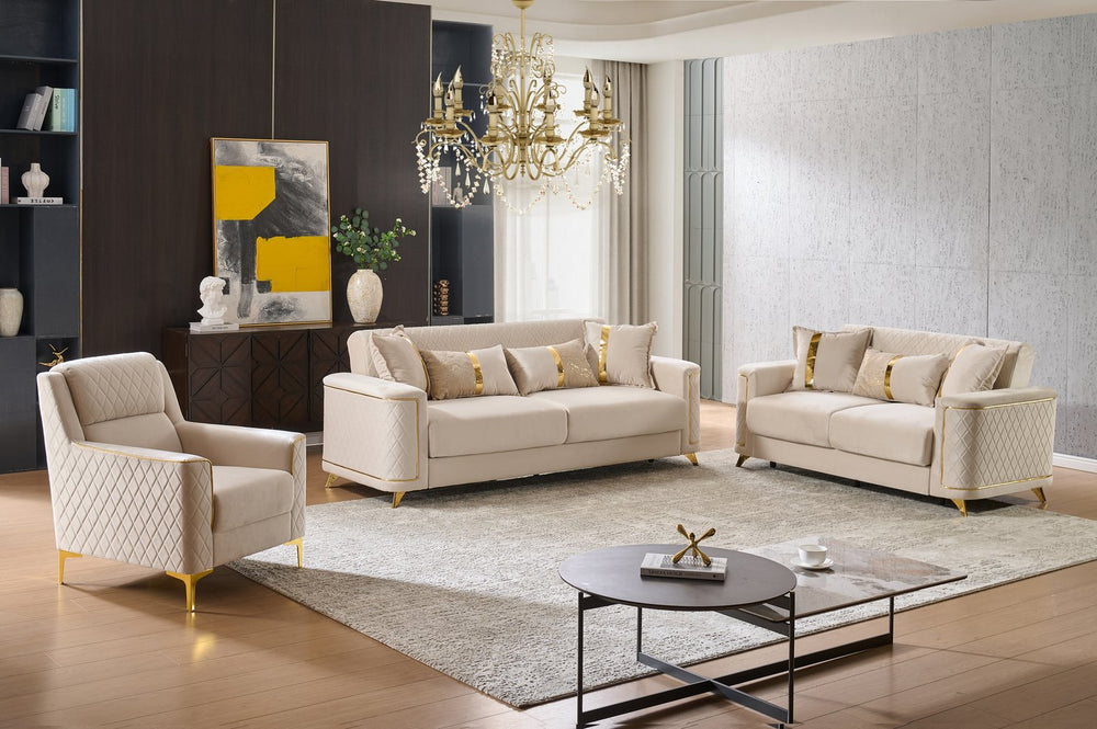 English Elm Lisa 3 Piece Upholstered Living Room Set with Quilted Back and Gold Leg Accents B009S02228