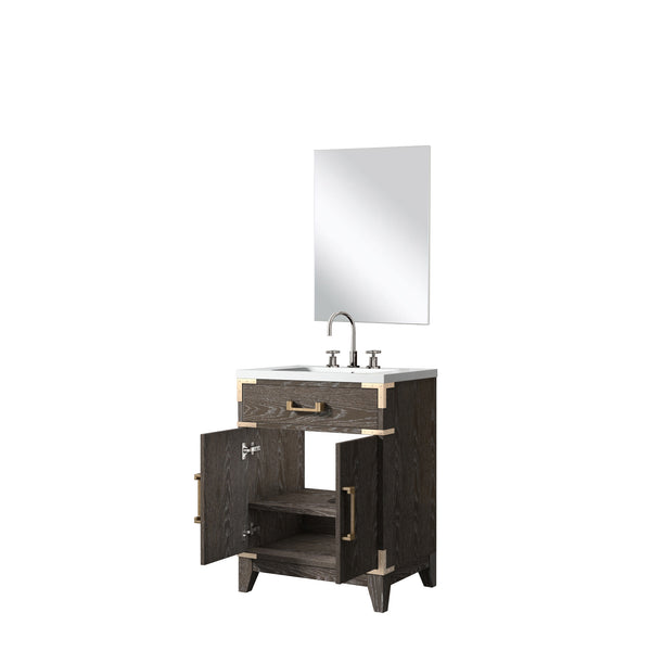 English Elm Brown Oak Single Bath Vanity 24" W x 18" D with Acrylic Top, 18" Mirror & Chrome Gooseneck Faucet Set B2731S02000