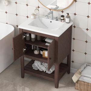 English Elm 24" Modern Sleek Bathroom Vanity with Ceramic Sink, Solid Wood Frame, Waterproof Finish and Open Shelf Storage Brown N725P246473D