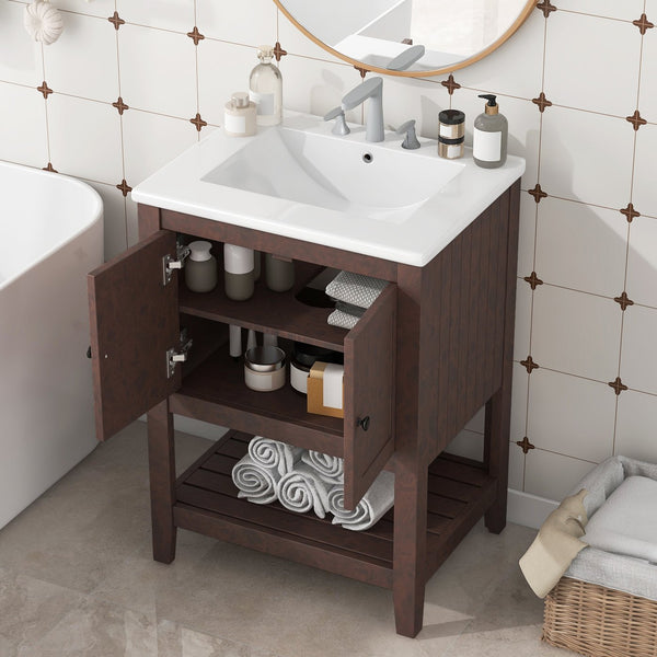 English Elm 24" Modern Sleek Bathroom Vanity with Ceramic Sink, Solid Wood Frame, Waterproof Finish and Open Shelf Storage Brown N725P246473D