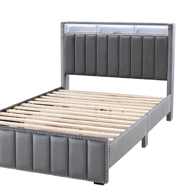 English Elm Beautiful Upholstered Full Bed with Led Lighting Storage Shelves and Channel Tufted Headboard Dark Gray B2741S00772