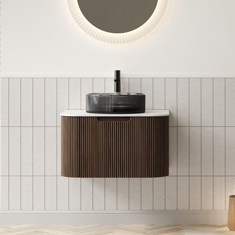 English Elm Dina Floating Bathroom Vanity with Sintered Stone Top and Crystal Glass Basin Black,Carrara White,Walnut W2615S00422