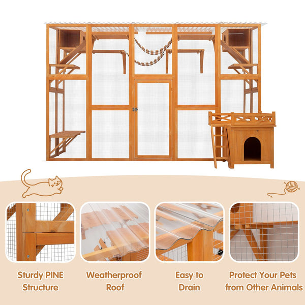 English Elm Weatherproof Pine Wood Catio Outdoor Cat Enclosure with Platforms Ramps and Pvc Roof N843MP003N
