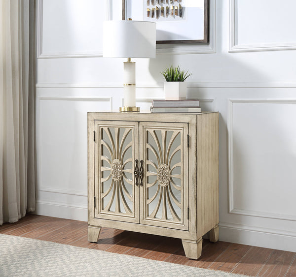 English Elm Nalani Antique White Console Cabinet with Mirrored Paneled Doors, Tapered Legs & Hidden Storage B2726P272314