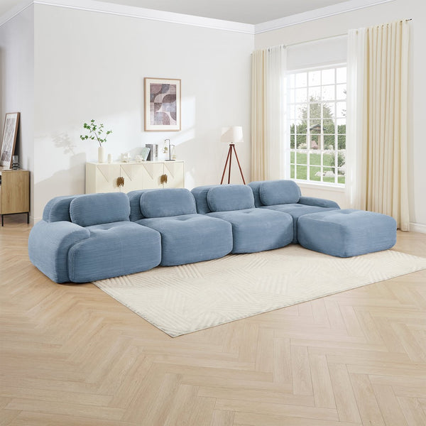 English Elm 4-seat Modular Corduroy Sectional Sofa with Curved Armrests for Living Rooms Blue W714S01253