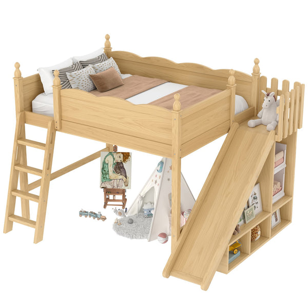 English Elm Full Loft Bed With Fun Slide, Storage Shelves, Solid Wood Design For Kids' Cozy Room Setup W1580S00247