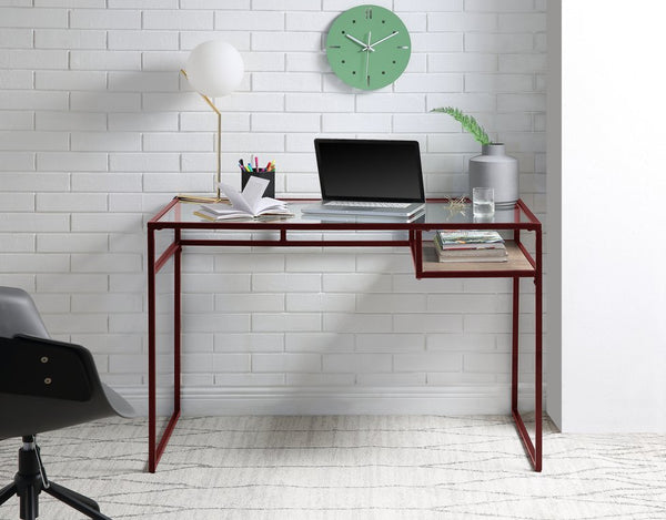 English Elm Yasin Sleek Red Writing Desk with 5mm Glass Top, Metal Sled Base & Open Shelf Storage, 70lb Max B2726P280748