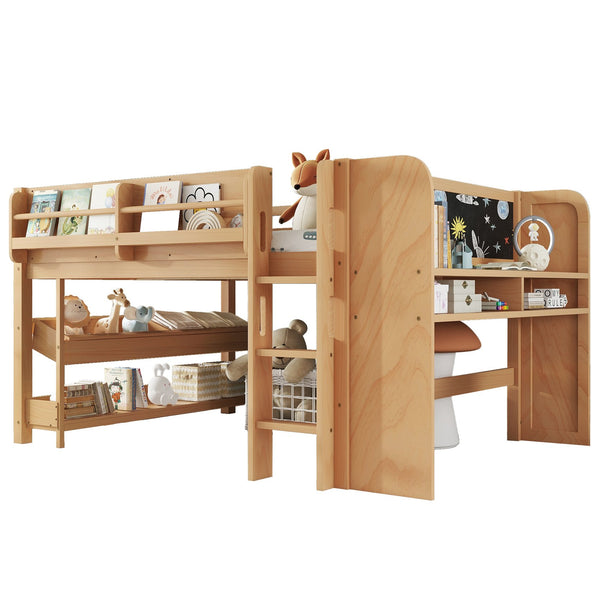 English Elm Twin Low Loft Bed Solid Pine Frame Kids Study Desk Blackboard Storage White W1580S00571
