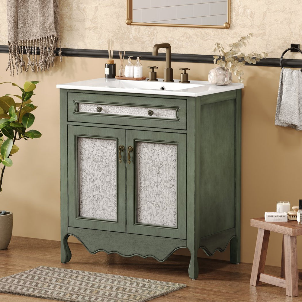 English Elm Christopher Knight Home® - 30" Vintage Pattern Bathroom Vanity with Rectangle Ceramic Sink, Floral Doors, Tip-Out Tray, Rustic Charm Antique blue green N817P245319B