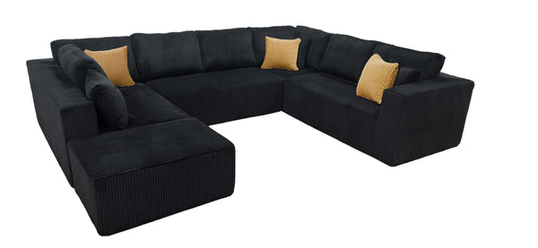 English Elm Full Corduroy Upholstered U-shaped Sectional Sofa with Moveable Ottoman Zero Assembly Black B2748S00061