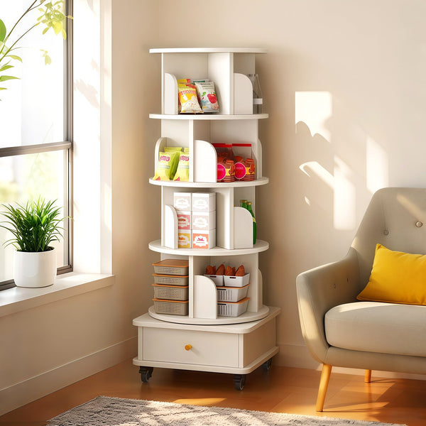 English Elm 5 Tier Rotating Bookshelf with 360° Spin, Locking Wheels, Stable Base & Drawer Storage for Home W3204P309488