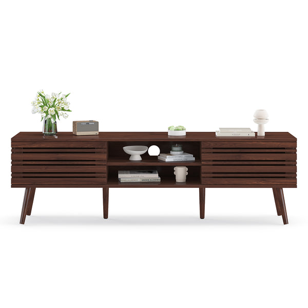 English Elm Mid Century Modern Fluted Wood Media Console with Storage Cabinets for Living Room Walnut T3623P435374