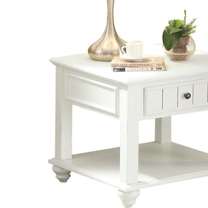 English Elm White Washed End Table with Drawer and Open Shelf, Trim Molding, Classic Square & Bun Legs, Timeless Elegance B062P191044
