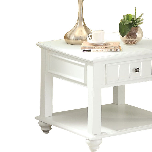 English Elm White Washed End Table with Drawer and Open Shelf, Trim Molding, Classic Square & Bun Legs, Timeless Elegance B062P191044