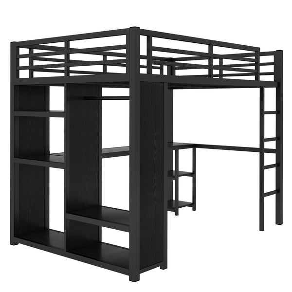 English Elm Full Size Loft Bed Frame With Wardrobe, Desk & Storage Shelves - Modern Black Metal Design W1580S00120