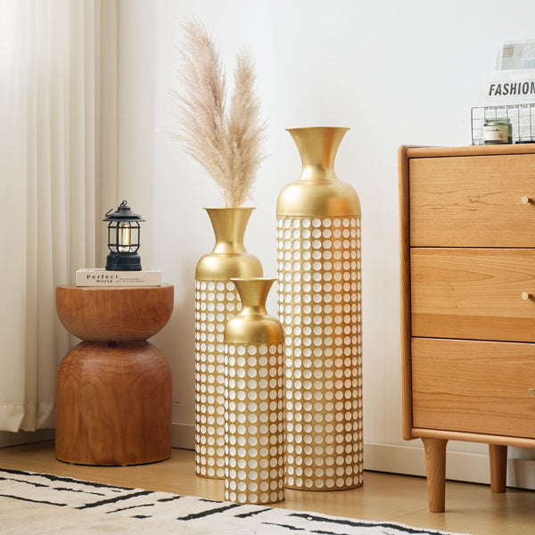 English Elm Metal Floor Vase Set of Three Golden Sculptural Cylinders for Modern Living Spaces W2796P386880