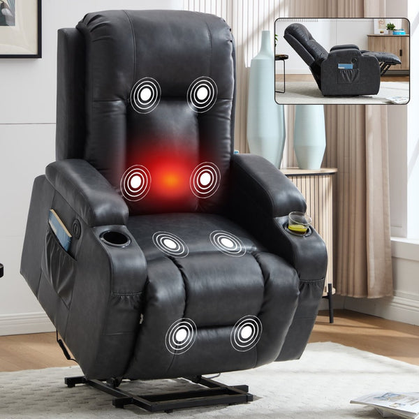 English Elm Beige Pu Leather Power Lift Recliner with Massage Lumbar Heat and Usb Charging Gray W1803S00084