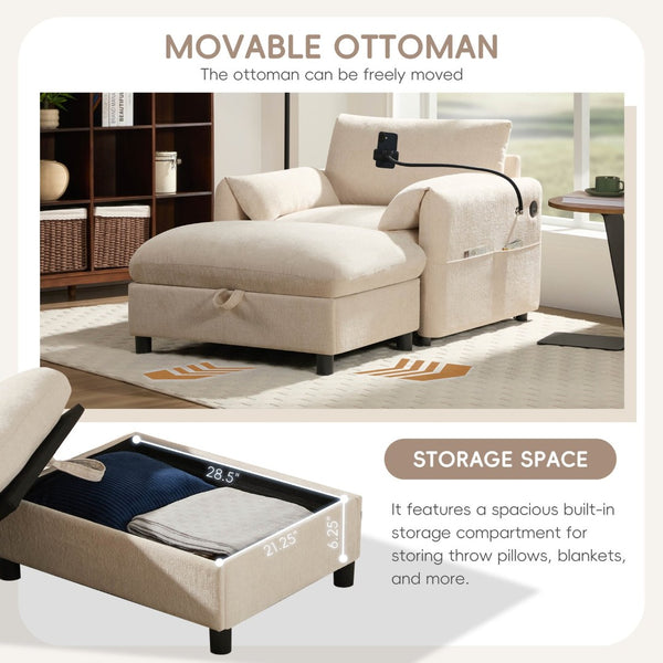 English Elm 37" Oversized Chenille Armchair with Ottoman Usb Charging Pocket Spring Living Room Beige N723P387145A
