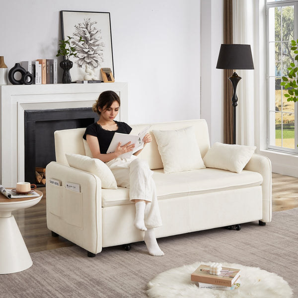 English Elm FX'' 66 Inch Sleeper Sofa Bed 3-in-1 Convertible Pullout Sofa with Plush Corduroy, 4 Pillows, Pockets Beige W1926S00058