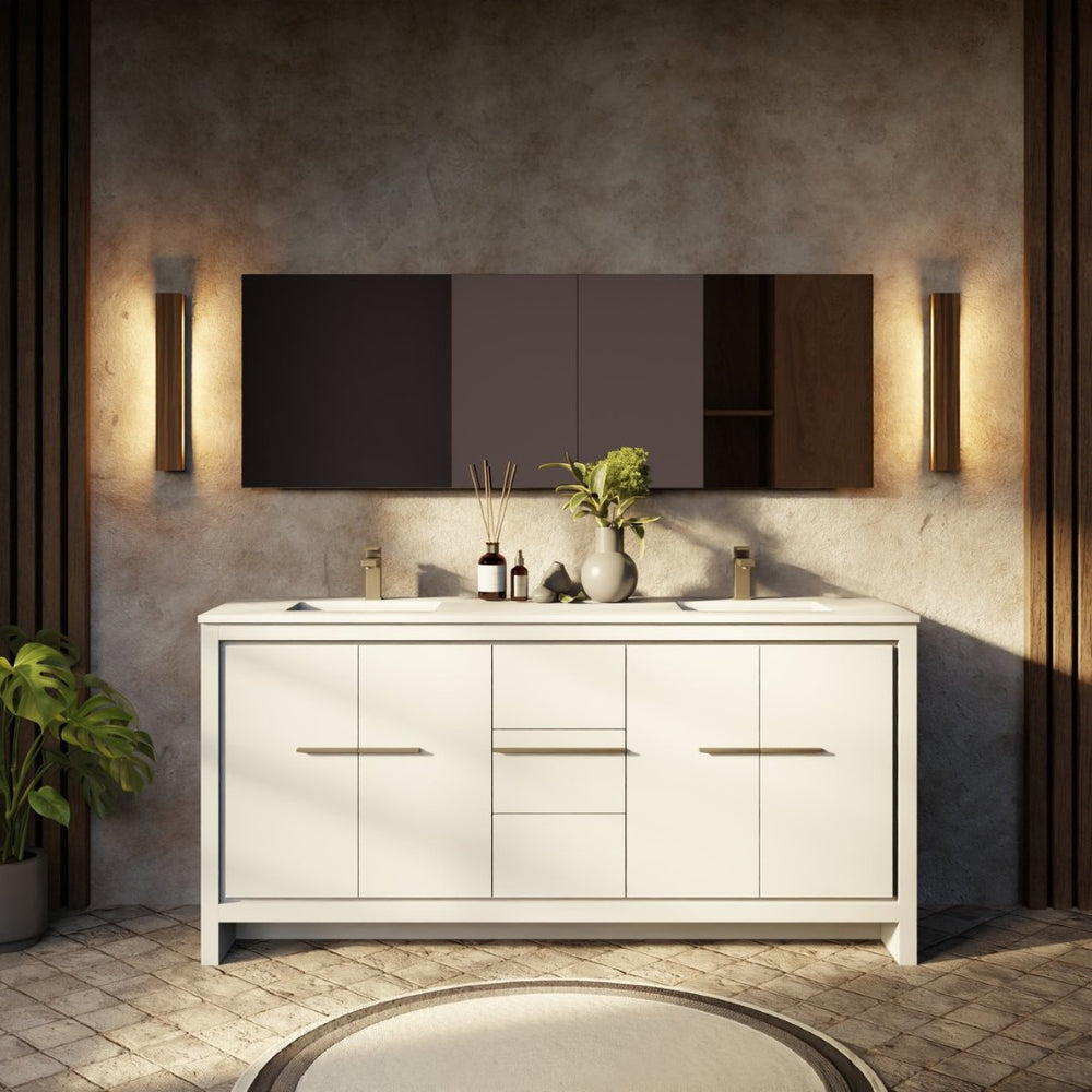 English Elm White Double Bath Vanity Set With Cultured Marble Top, Gun Metal Faucet & 70" Mirror For Two Users B2731S01759-GIGA