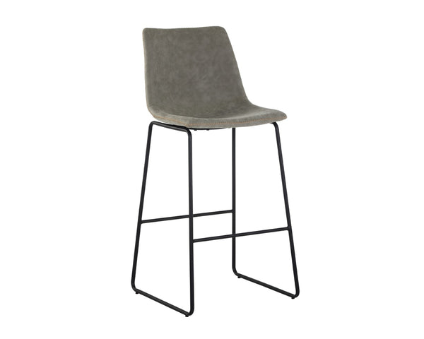 Sunpan CAL Barstool - Stylish Antique Grey Faux Leather with Mid-Century Charm for Home Bar & Dining Nook 104038