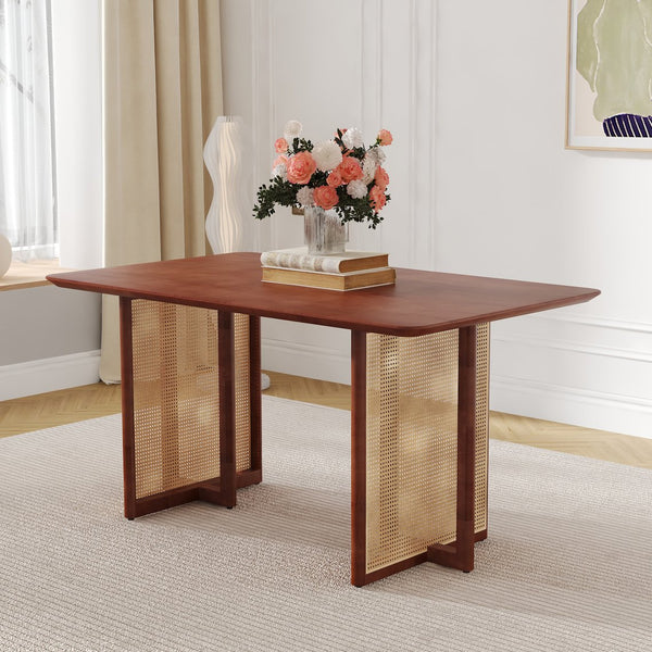 English Elm Chinese country retro solid dining table with imitation rattan legs, solid rubber frame, versatile desk Walnut W1151P154595