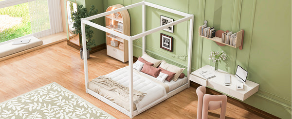 English Elm Queen Canopy Platform Bed with Sturdy Support Legs, Pine/MDF Frame, Slatted Ventilated Base, 550lb Capacity White WF293232AAK