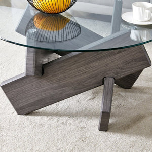 English Elm Round Tempered Glass Coffee Table with Sculptural Mdf Base for Modern Living Rooms Gray W1151P180317