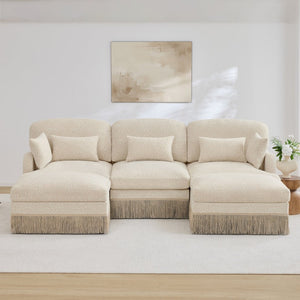 English Elm 100"comfy Chenille Leopard Print U-shaped Sectional with Tassel Trim and Modular Ottomans Beige W5656S00006