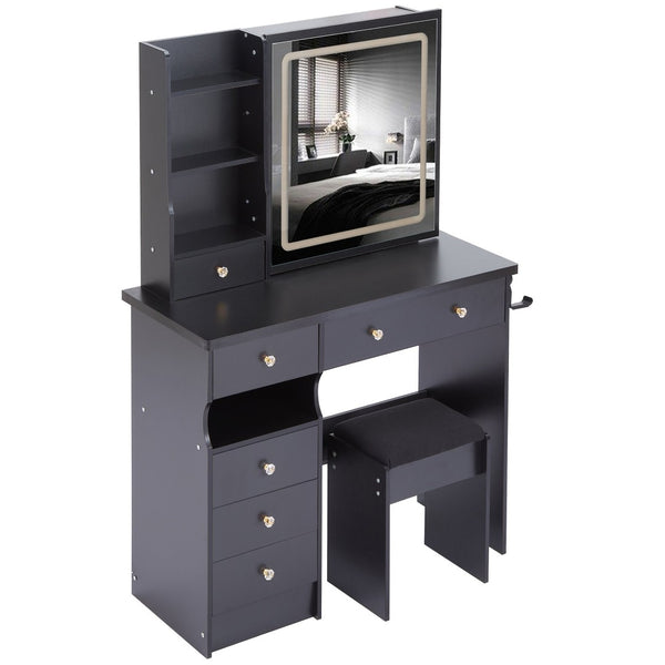 English Elm 37" Vanity Table Set with Led Mirror Stool Built-in Outlets and Hair Dryer Storage Black W3258P448840