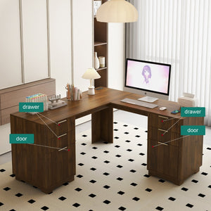 English Elm L Shaped Corner Desk with Storage Cabinet Built in Charging Station Home Office W1321S00037