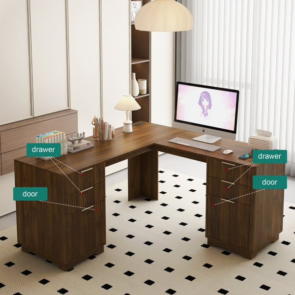 English Elm L Shaped Corner Desk with Storage Cabinet Built in Charging Station Home Office W1321S00037