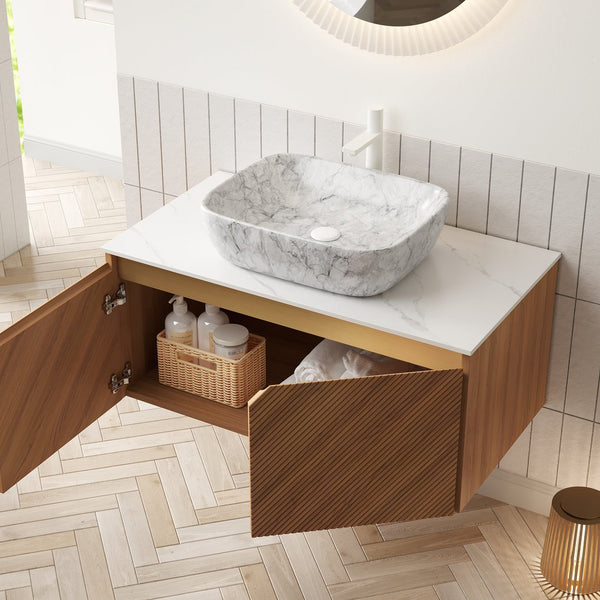 English Elm RUBEN 36" Bathroom Vanity with High-Hardness Marble Ceramic Basin, Twill Wood Doors & Soft-Close SystemRUBEN 36" Bathroom Vanity with High-Hardness Marble Ceramic Basin, Twill Wood Doors & Soft-Close System Brown Oak,Carrara White,Stone Gray W2615S00319