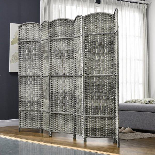 English Elm HOMCOM 6-Panel Room Divider 6' Tall Folding Privacy Screen — Hand-Woven Arched Top, Durable Grey W2225P200374